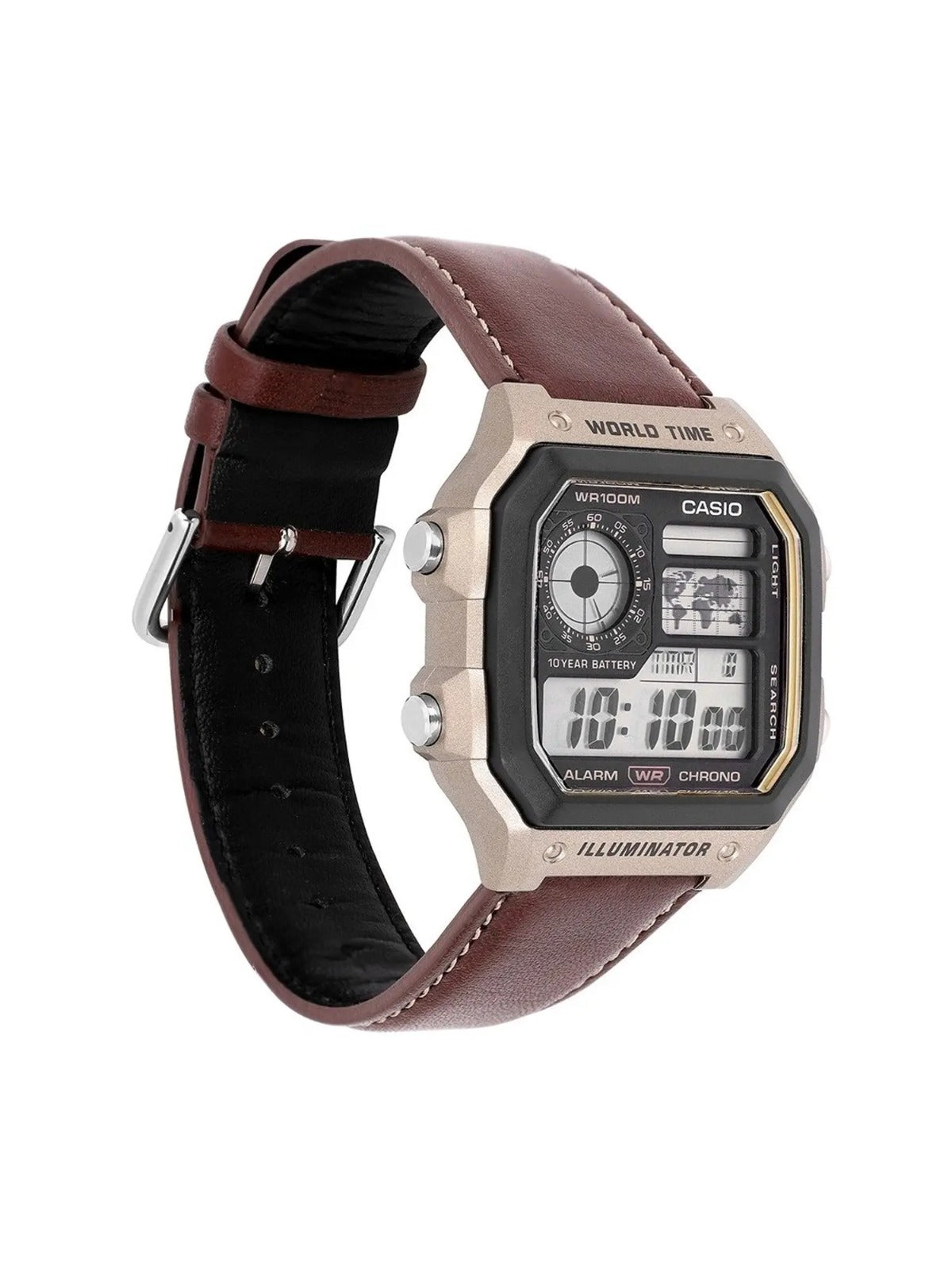 Casio AE-1200 World Time Digital Watch – Brown Leather Strap, 10-Year Battery, Water-Resistant